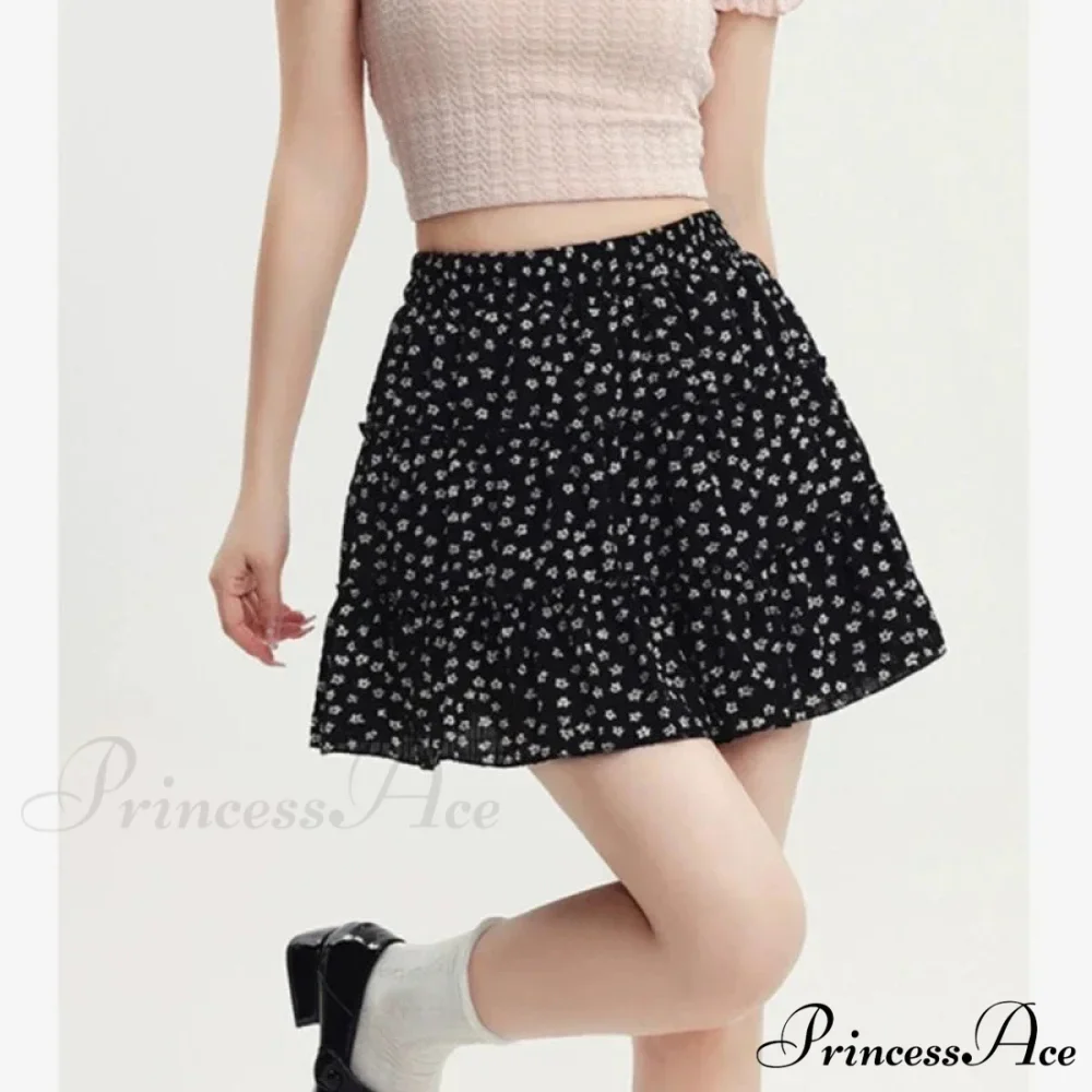 Black Floral Sweet Pleated Kawaii Patchwork Skirt - Image 4