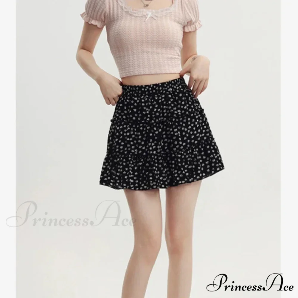 Black Floral Sweet Pleated Kawaii Patchwork Skirt - Image 5