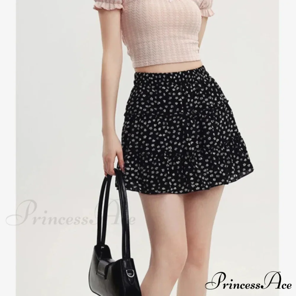 Black Floral Sweet Pleated Kawaii Patchwork Skirt - Image 6