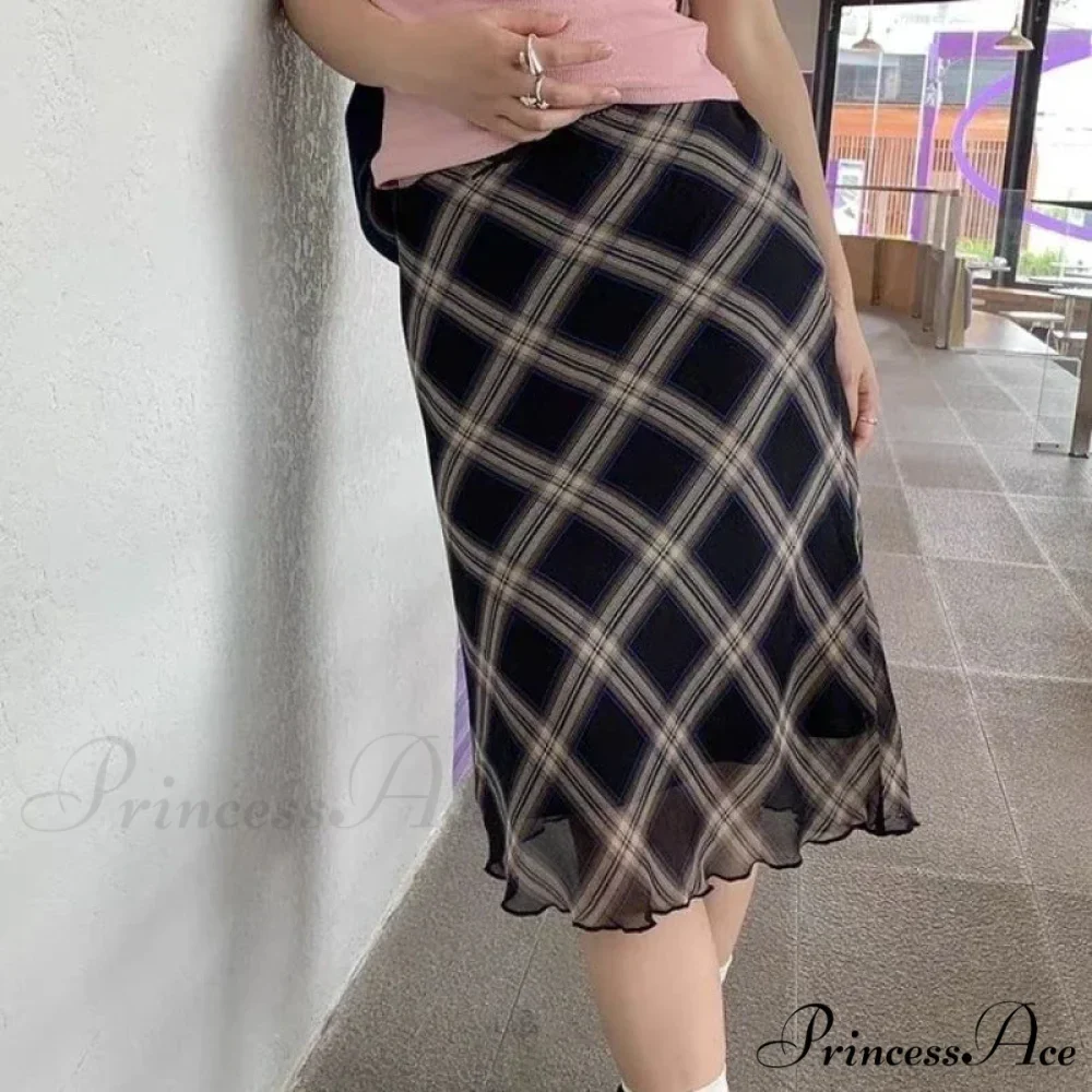 Plaid Vintage Ruffle Mid Skirt Aesthetics Tulle Skirt - Image 2