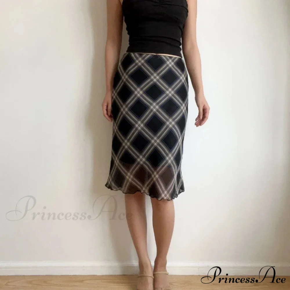 Plaid Vintage Ruffle Mid Skirt Aesthetics Tulle Skirt - Image 3