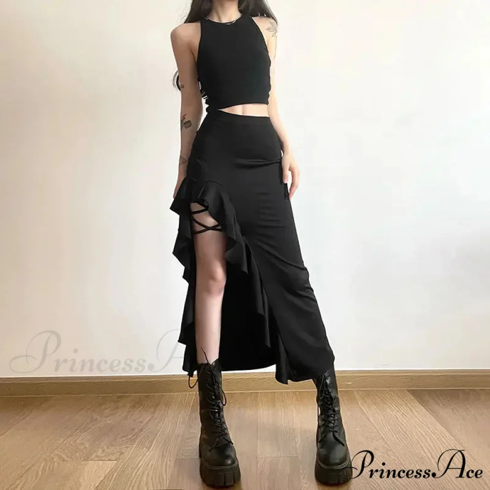 Gothic Black Bodycon Waisted Punk Midi Slit Skirt - Image 2