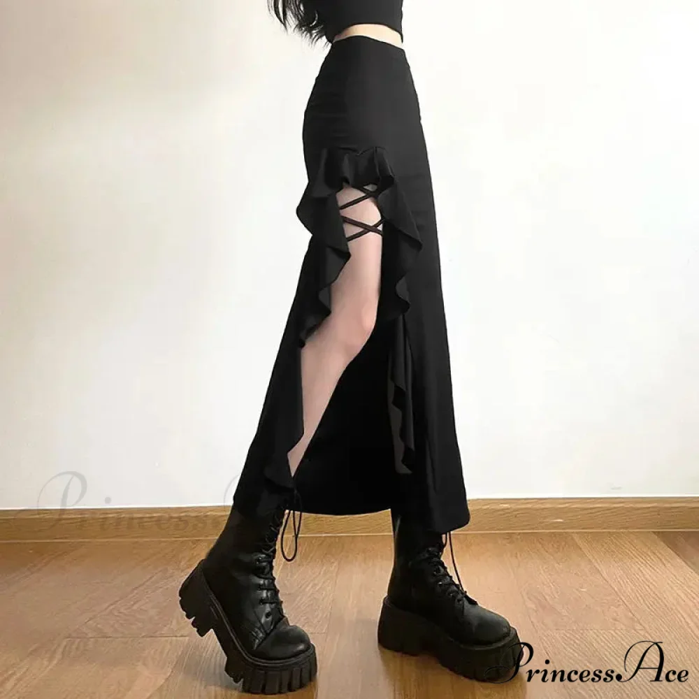Gothic Black Bodycon Waisted Punk Midi Slit Skirt - Image 3