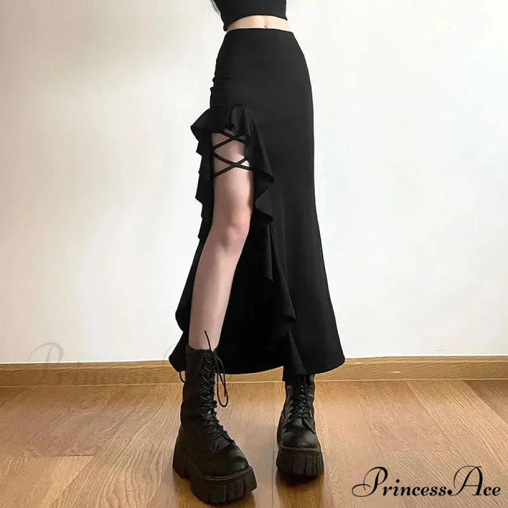 Gothic Black Bodycon Waisted Punk Midi Slit Skirt - Image 4