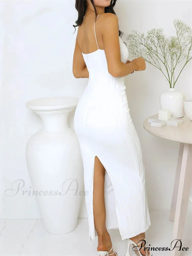 2024 Women Long Ruched Sleeveless Slim Solid Summer Party Back Split Clubwear Female Maxi Dress - Image 5