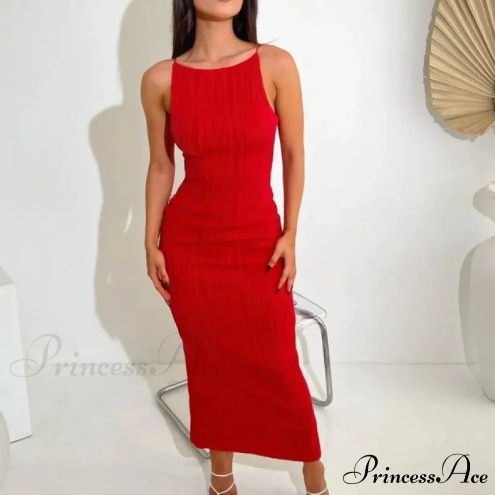 2024 Women Long Ruched Sleeveless Slim Solid Summer Party Back Split Clubwear Female Maxi Dress - Image 7