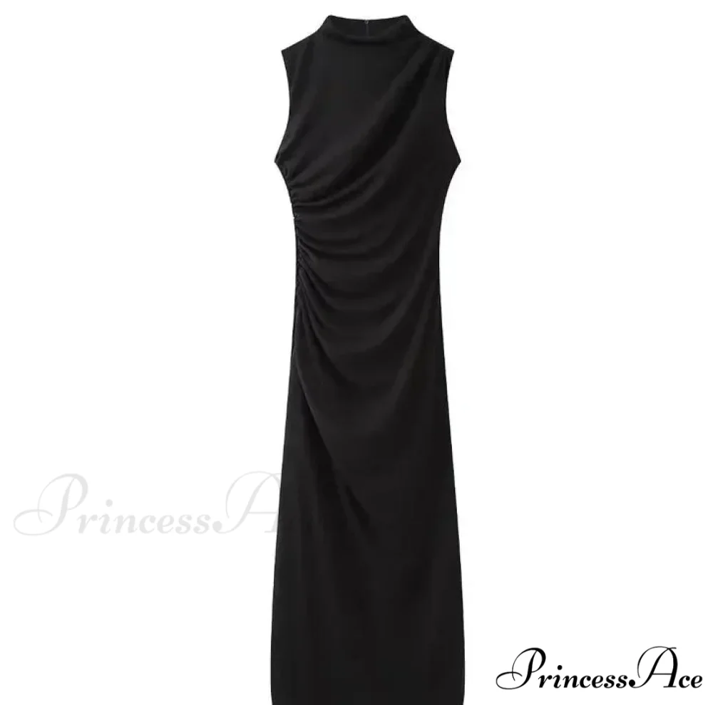 Solid O Neck Women's Sexy Rear Split High Waisted Elegant Office Lady Commuting Streetwear Robes Midi Dress - Image 11