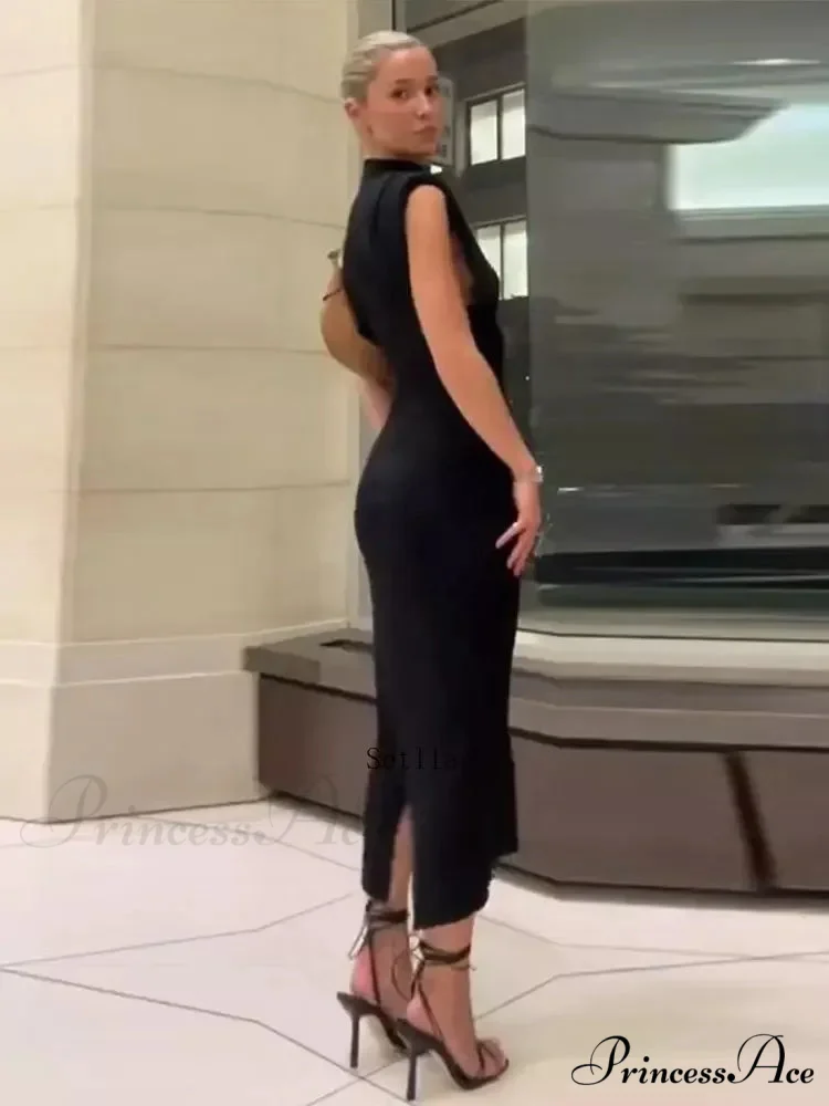 Solid O Neck Women's Sexy Rear Split High Waisted Elegant Office Lady Commuting Streetwear Robes Midi Dress - Image 5