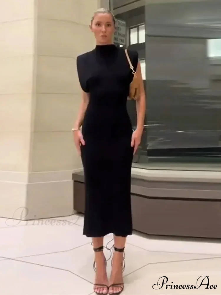 Solid O Neck Women's Sexy Rear Split High Waisted Elegant Office Lady Commuting Streetwear Robes Midi Dress - Image 7