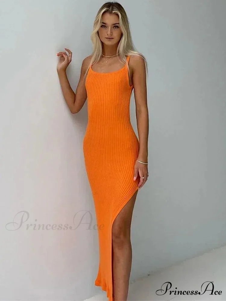 Ribbed Knitted Backless Split Summer Sleeveless Straps Sexy Midi Dress - Image 2