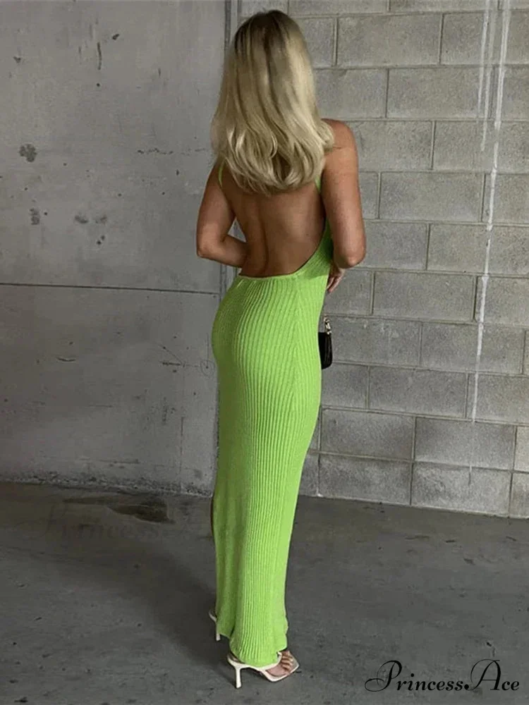 Ribbed Knitted Backless Split Summer Sleeveless Straps Sexy Midi Dress - Image 4