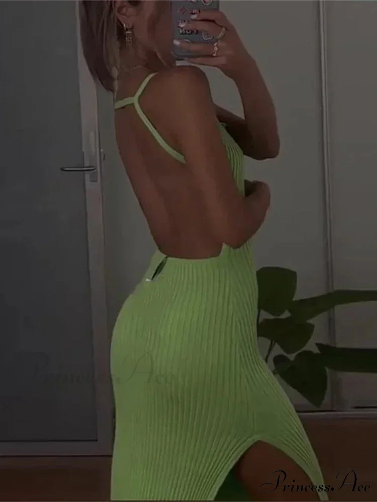 Ribbed Knitted Backless Split Summer Sleeveless Straps Sexy Midi Dress - Image 5