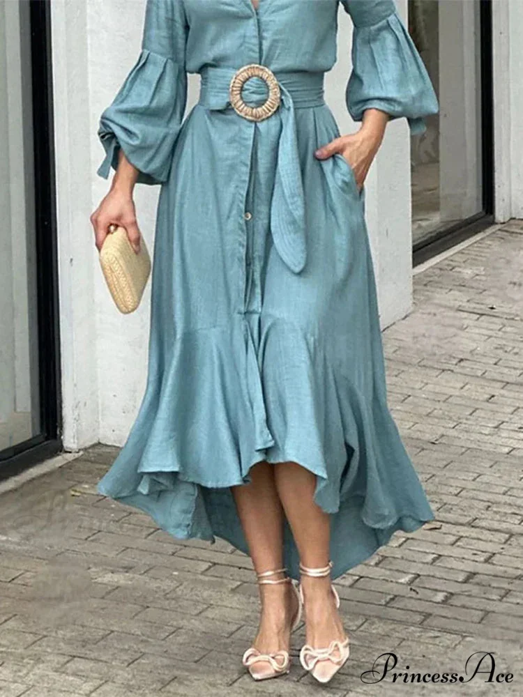 Fashion Ruffle Women's Shirt Casual V Neck Lantern Sleeve With Pocket Long Skirt 2024 Spring Lady Streetwear Midi Dress - Image 2