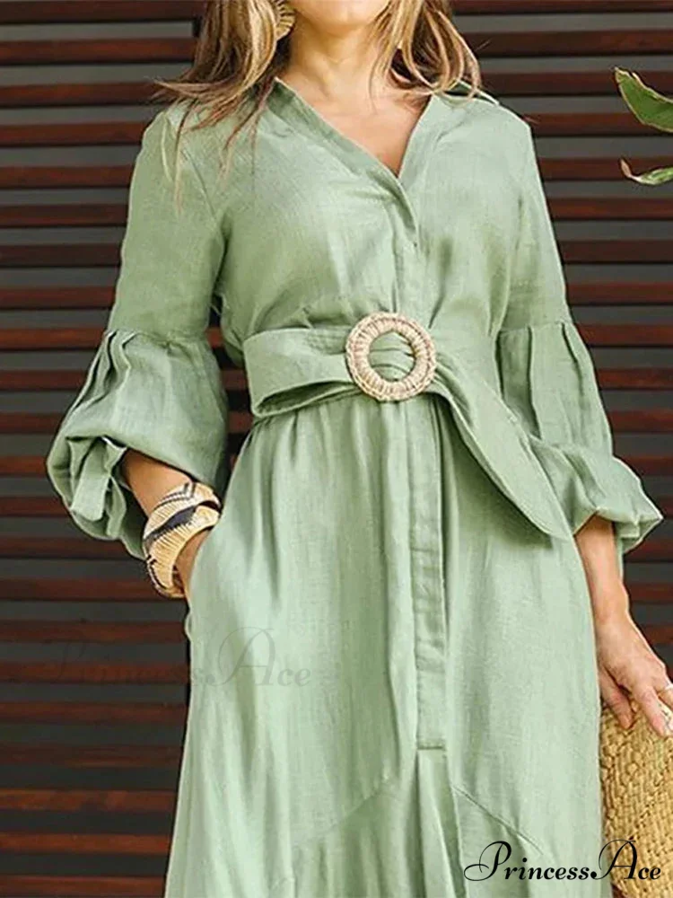 Fashion Ruffle Women's Shirt Casual V Neck Lantern Sleeve With Pocket Long Skirt 2024 Spring Lady Streetwear Midi Dress - Image 3