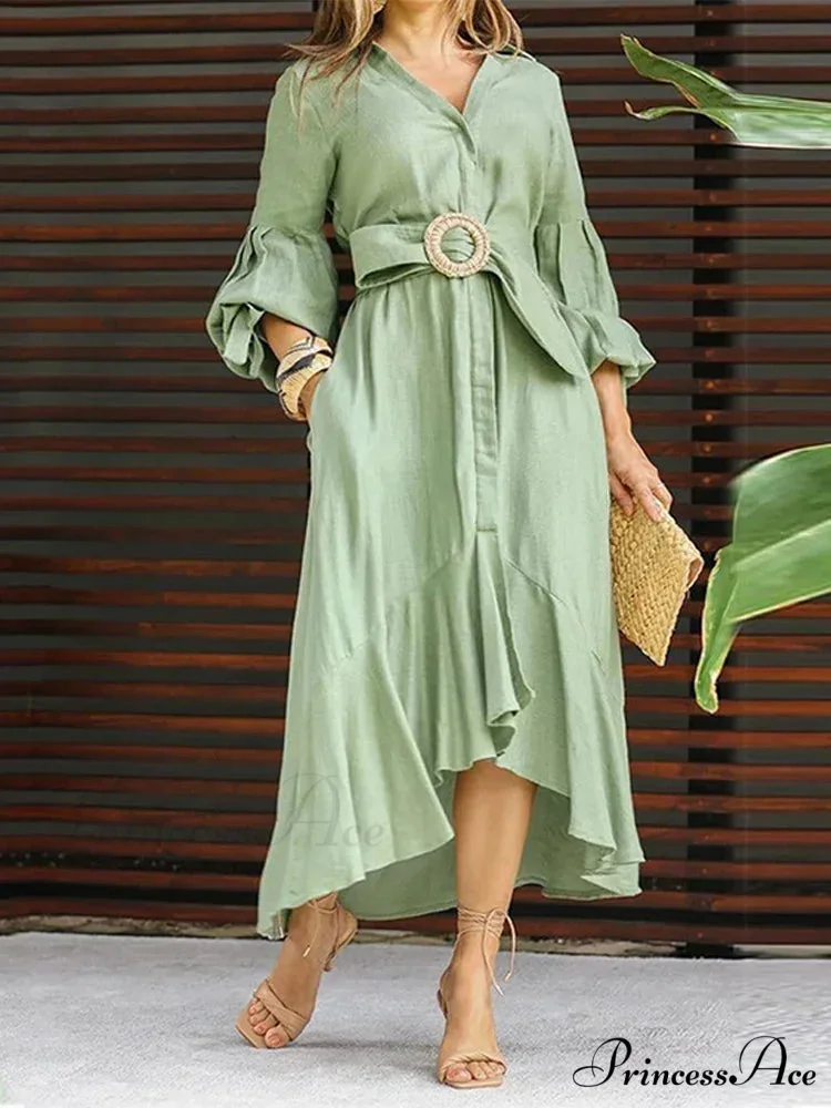 Fashion Ruffle Women's Shirt Casual V Neck Lantern Sleeve With Pocket Long Skirt 2024 Spring Lady Streetwear Midi Dress - Image 4