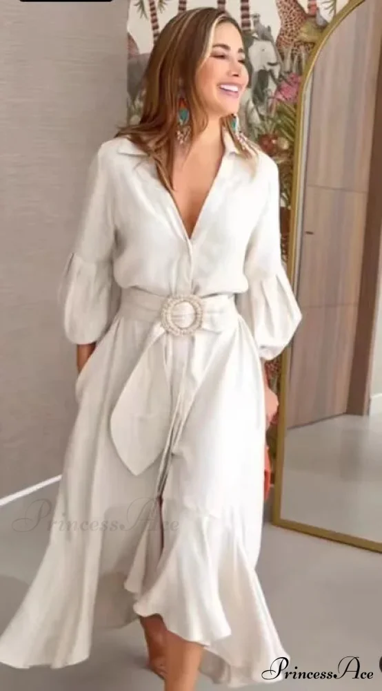 Fashion Ruffle Women's Shirt Casual V Neck Lantern Sleeve With Pocket Long Skirt 2024 Spring Lady Streetwear Midi Dress - Image 5