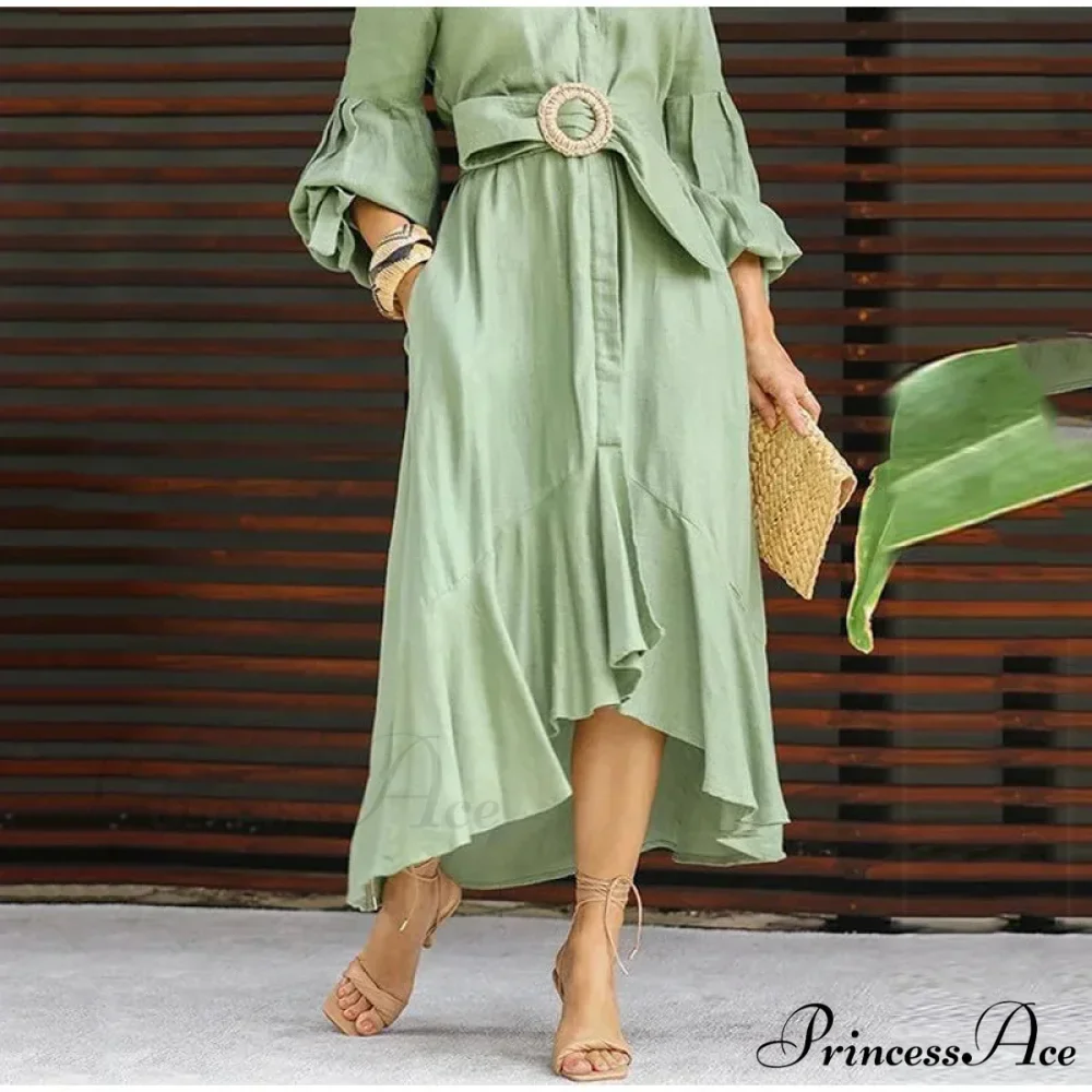 Fashion Ruffle Women's Shirt Casual V Neck Lantern Sleeve With Pocket Long Skirt 2024 Spring Lady Streetwear Midi Dress - Image 6