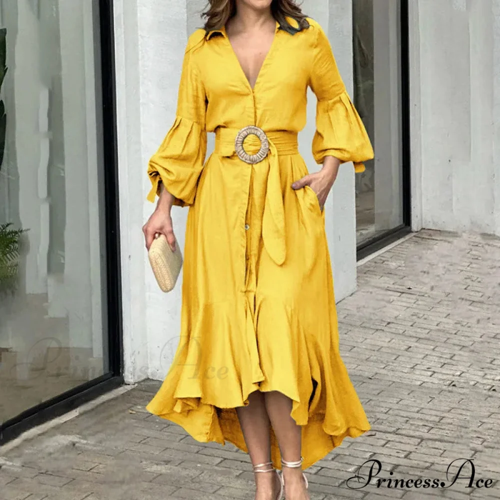 Fashion Ruffle Women's Shirt Casual V Neck Lantern Sleeve With Pocket Long Skirt 2024 Spring Lady Streetwear Midi Dress - Image 7