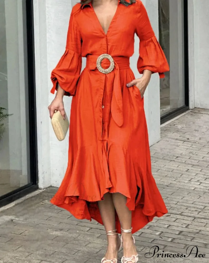 Fashion Ruffle Women's Shirt Casual V Neck Lantern Sleeve With Pocket Long Skirt 2024 Spring Lady Streetwear Midi Dress - Image 9