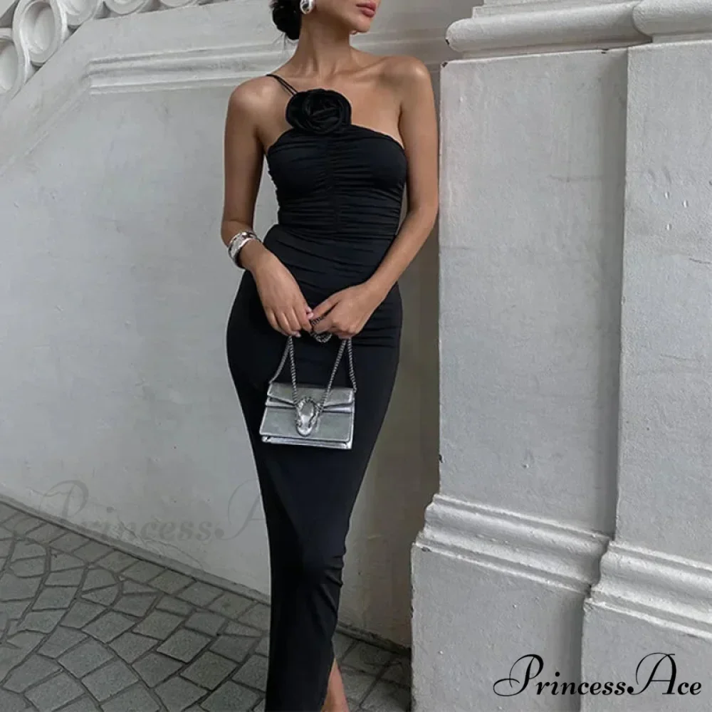 Floral Applique Ruched Summer Irregular Sleeveless Party Club Maxi Dress - Image 7