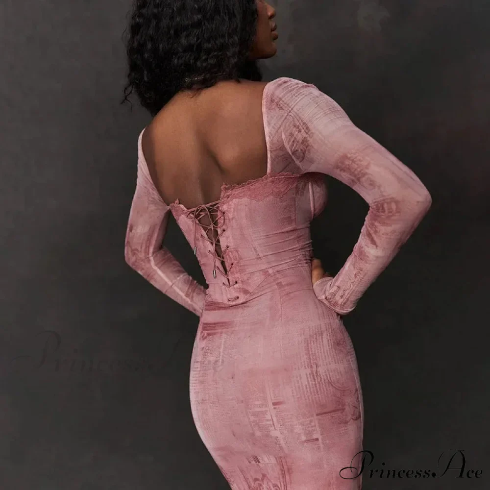 Fashion Print Bandage Corset Long Sleeve Fall Lace Clothes Midi Dress - Image 2