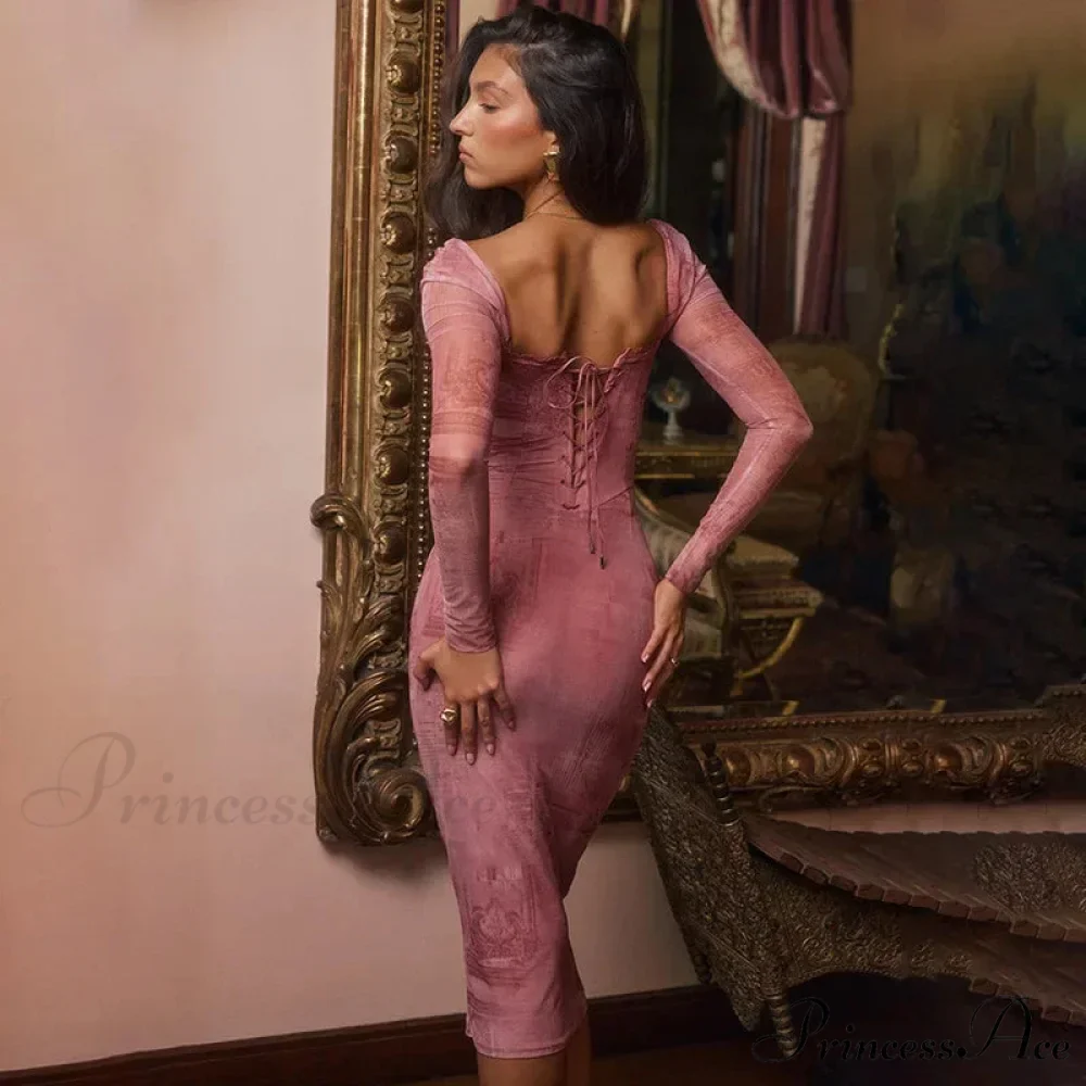 Fashion Print Bandage Corset Long Sleeve Fall Lace Clothes Midi Dress - Image 4