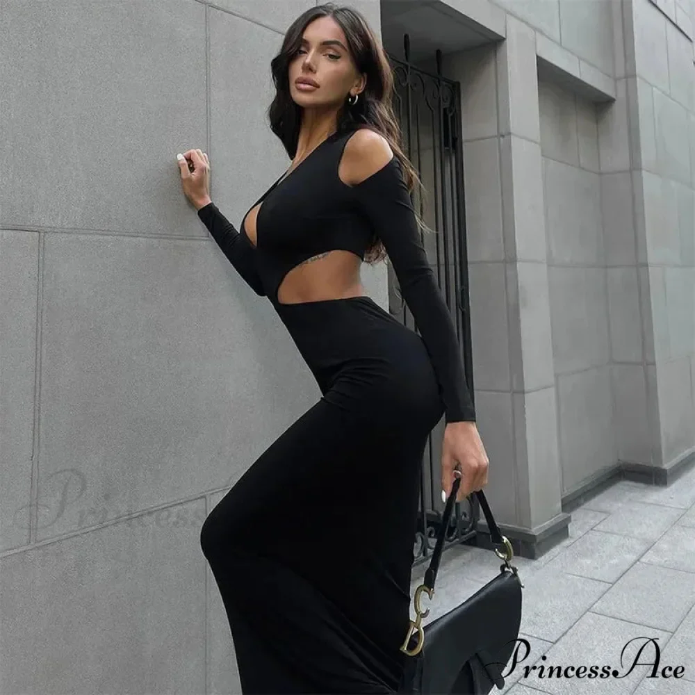 2024 Autumn Cut Out V Neck Plunge Long Sleeve Club Party Vestido Midi Dress - Image 2