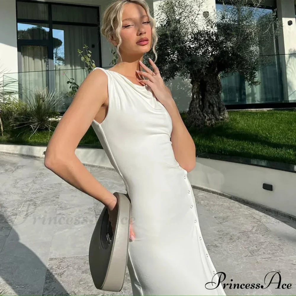 Fashion Button Knitted Sleeveless Slit Summer Elegant Solid Vestido Midi Dress - Image 3