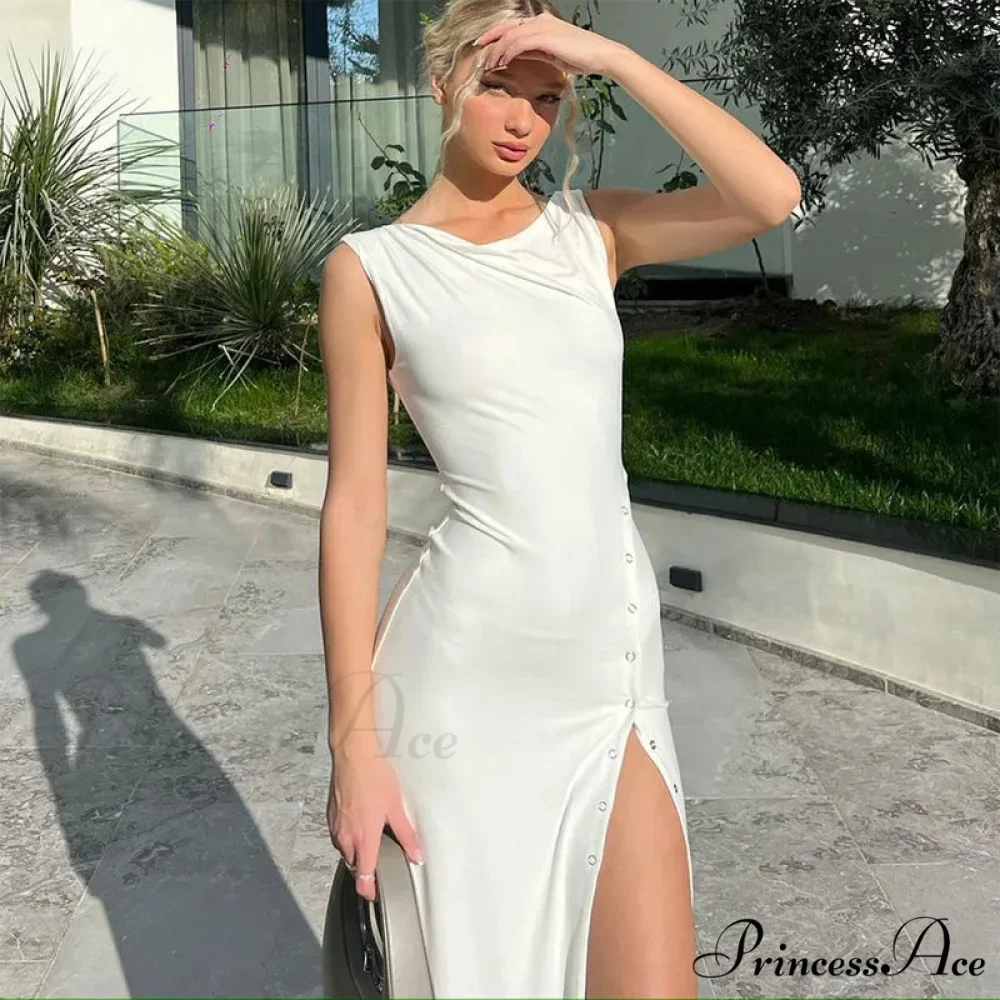 Fashion Button Knitted Sleeveless Slit Summer Elegant Solid Vestido Midi Dress - Image 4