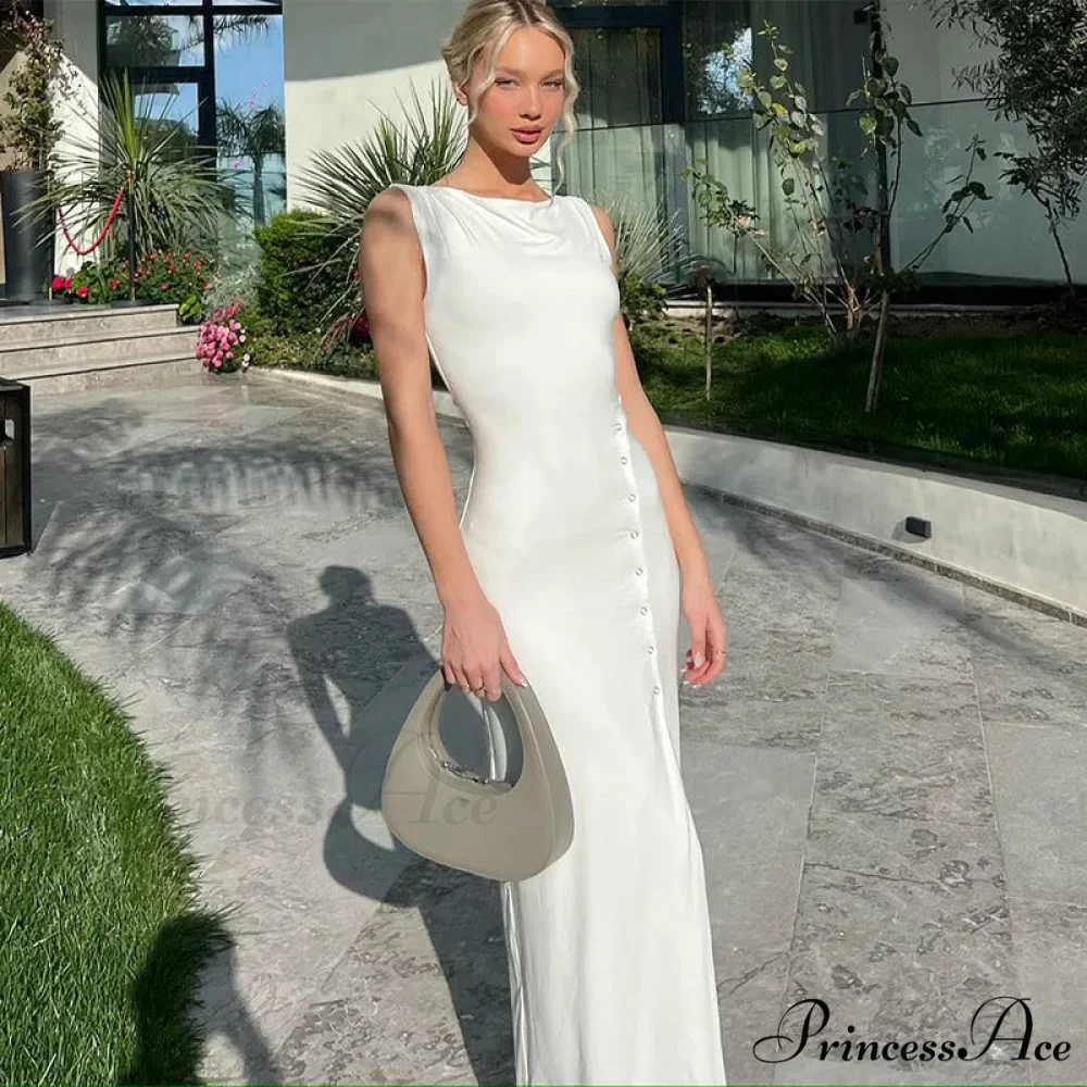 Fashion Button Knitted Sleeveless Slit Summer Elegant Solid Vestido Midi Dress - Image 5