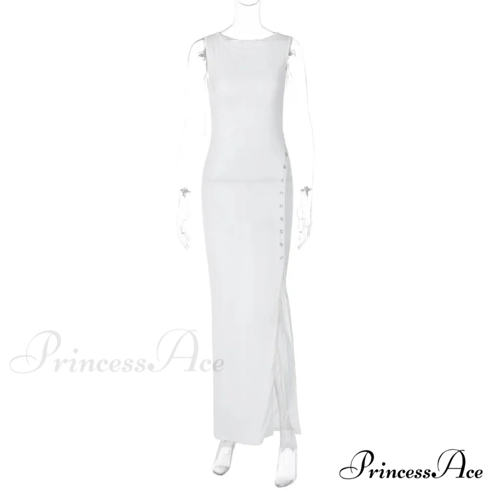 Fashion Button Knitted Sleeveless Slit Summer Elegant Solid Vestido Midi Dress - Image 6