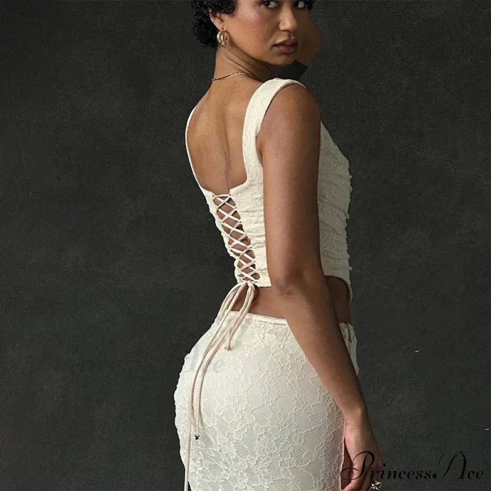 Vintage Floral Lace Corset Top and Skirt Sets Sexy Backless Bandage Midi Dress - Image 5