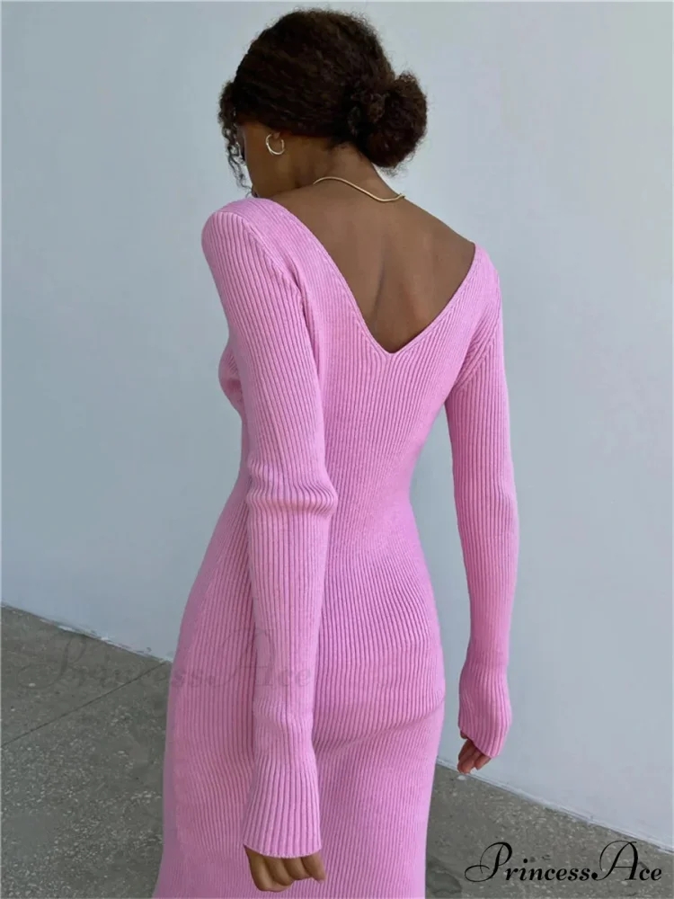 Fall Winter Knit Rib Long Sleeve V Neck Backless Midi Dress - Image 2