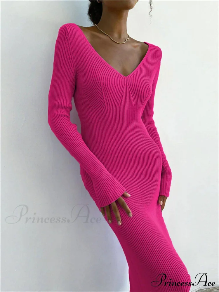 Fall Winter Knit Rib Long Sleeve V Neck Backless Midi Dress - Image 4