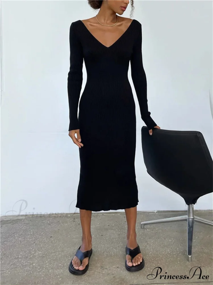 Fall Winter Knit Rib Long Sleeve V Neck Backless Midi Dress - Image 5