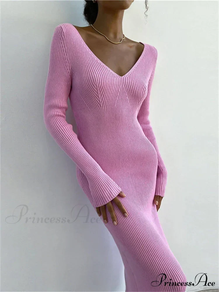 Fall Winter Knit Rib Long Sleeve V Neck Backless Midi Dress - Image 6