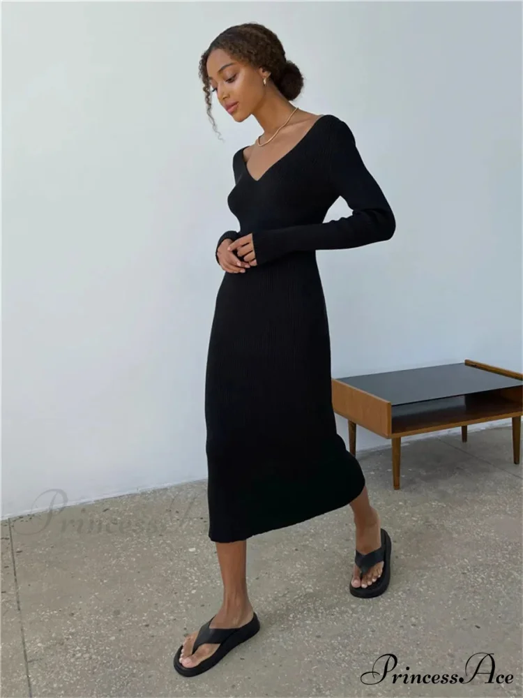 Fall Winter Knit Rib Long Sleeve V Neck Backless Midi Dress - Image 7