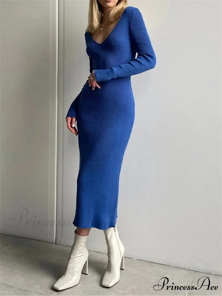 Fall Winter Knit Rib Long Sleeve V Neck Backless Midi Dress - Image 8