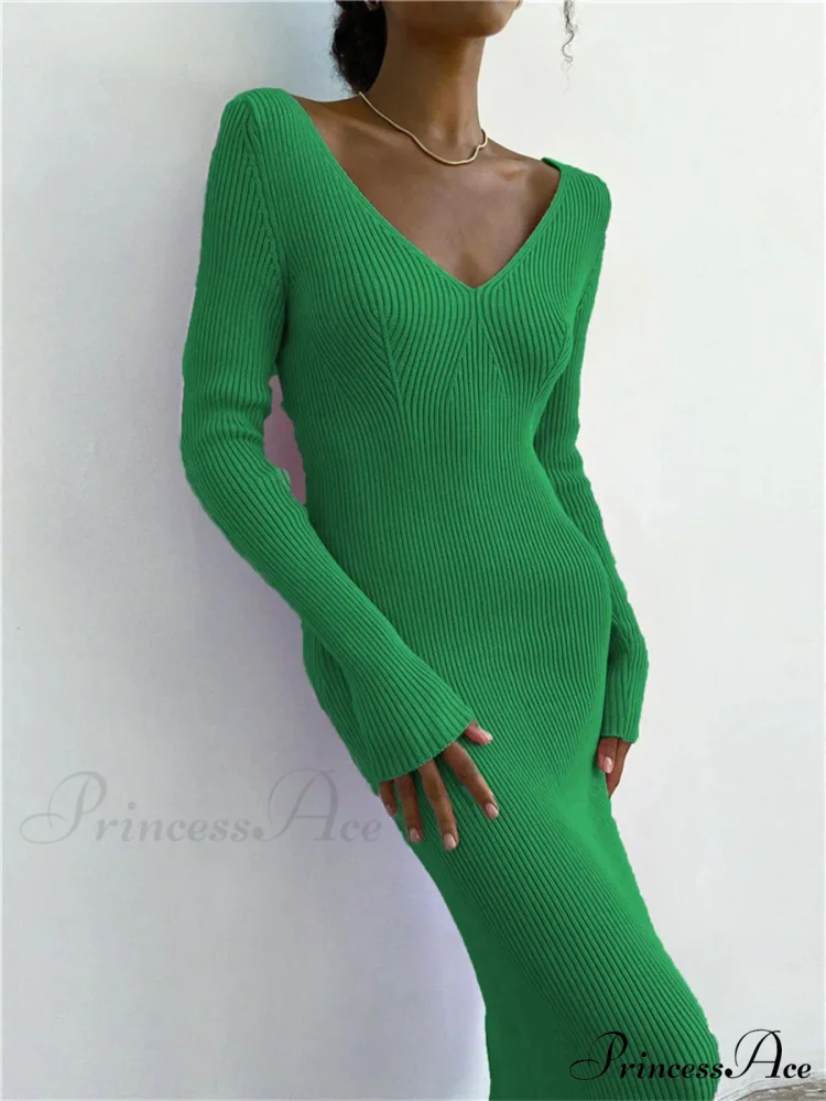 Fall Winter Knit Rib Long Sleeve V Neck Backless Midi Dress - Image 9