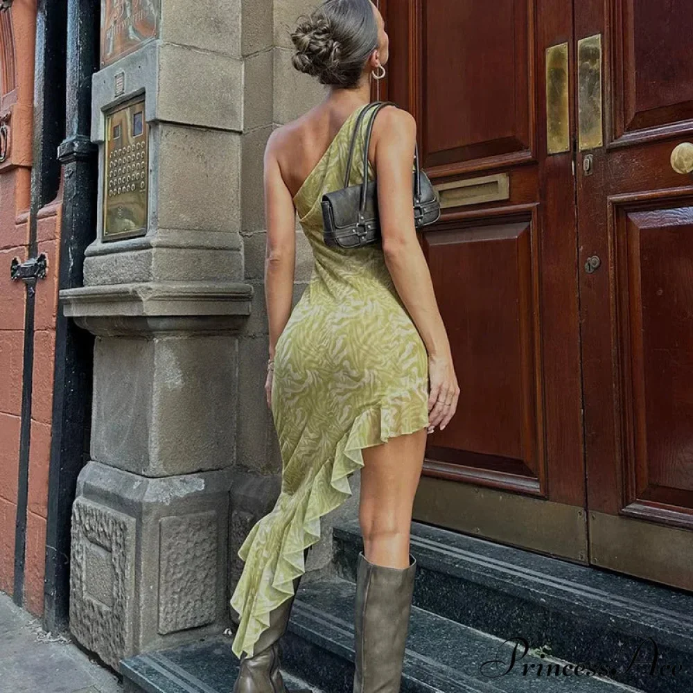 Fashionable Glittering Printed Ruffled Backless One Shoulder Asymmetric Sexy Midi Dress - Image 2