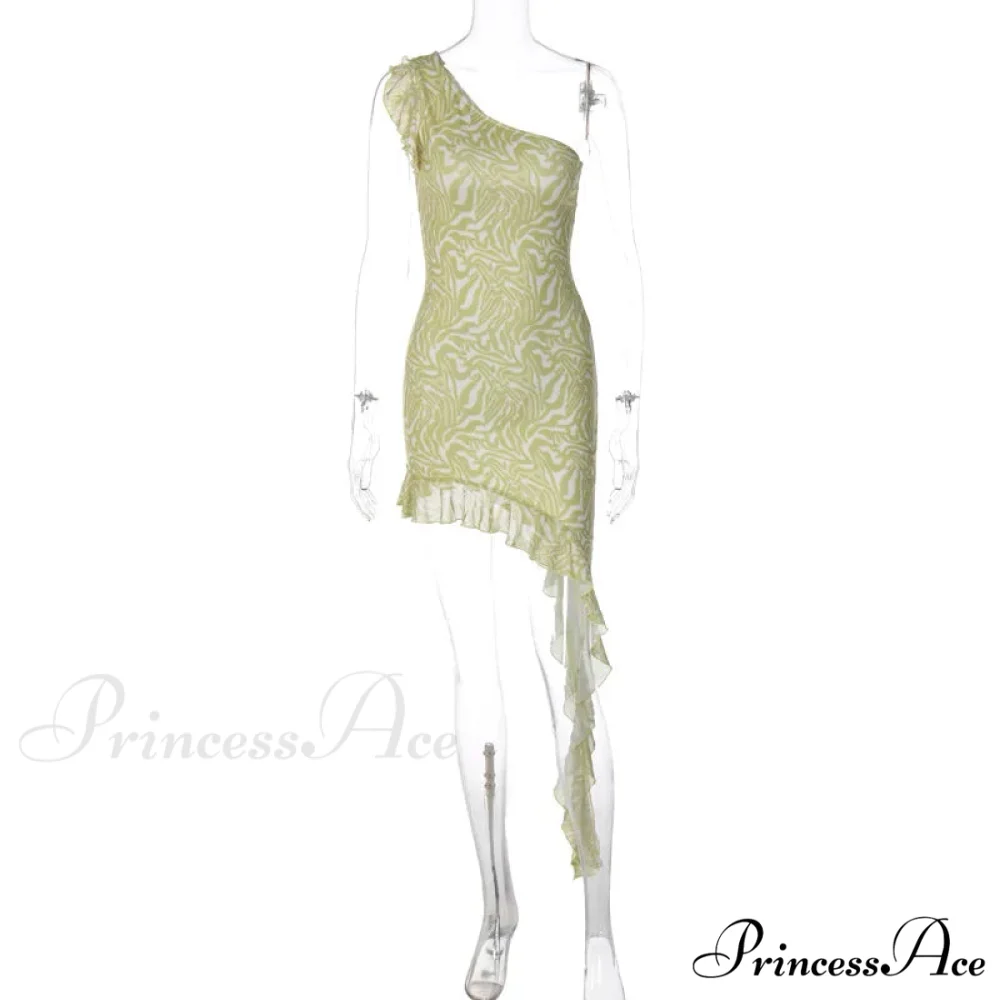 Fashionable Glittering Printed Ruffled Backless One Shoulder Asymmetric Sexy Midi Dress - Image 6