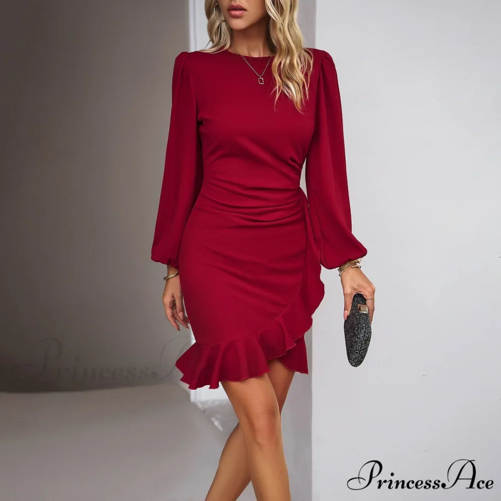 Autumn Winter New Temperament Bubble Long Sleeve Color Dress - Image 3
