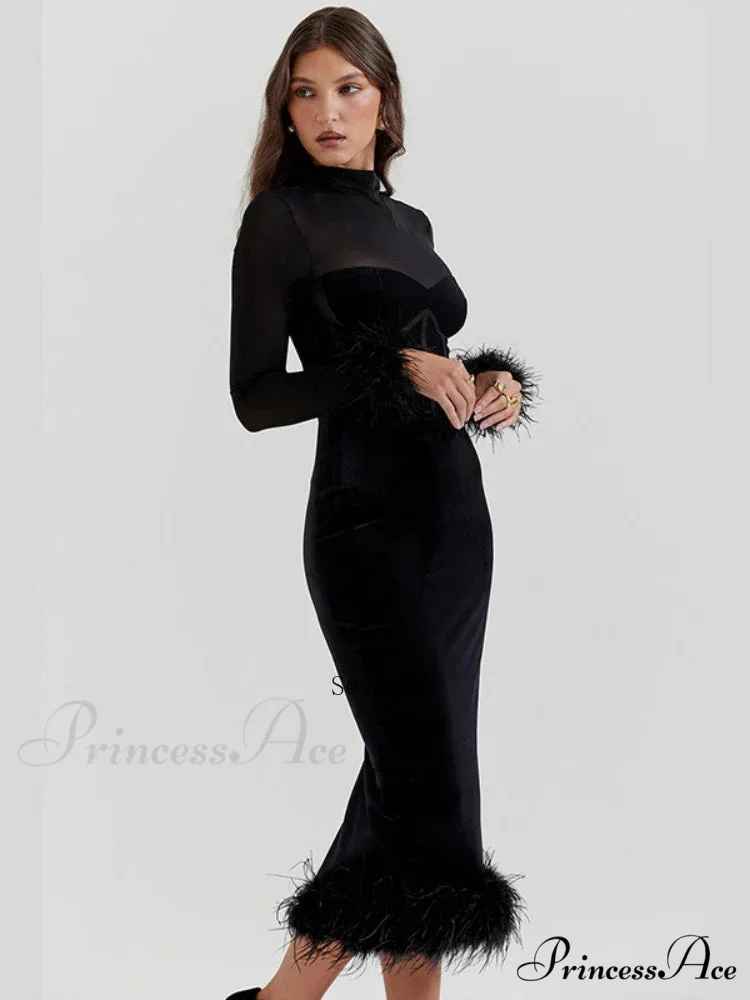 Feathered Retro Slim High Waisted Spliced Mesh Temperamental Female Midi Dress - Image 5