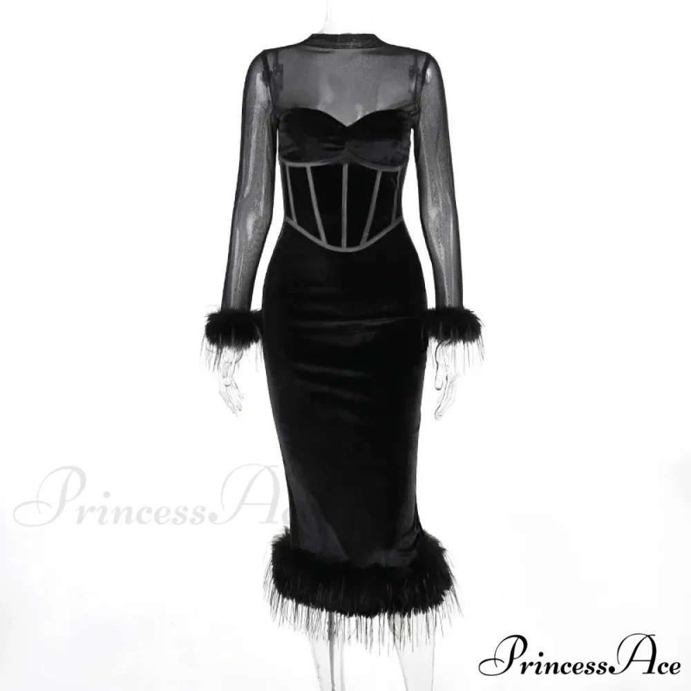 Feathered Retro Slim High Waisted Spliced Mesh Temperamental Female Midi Dress - Image 7