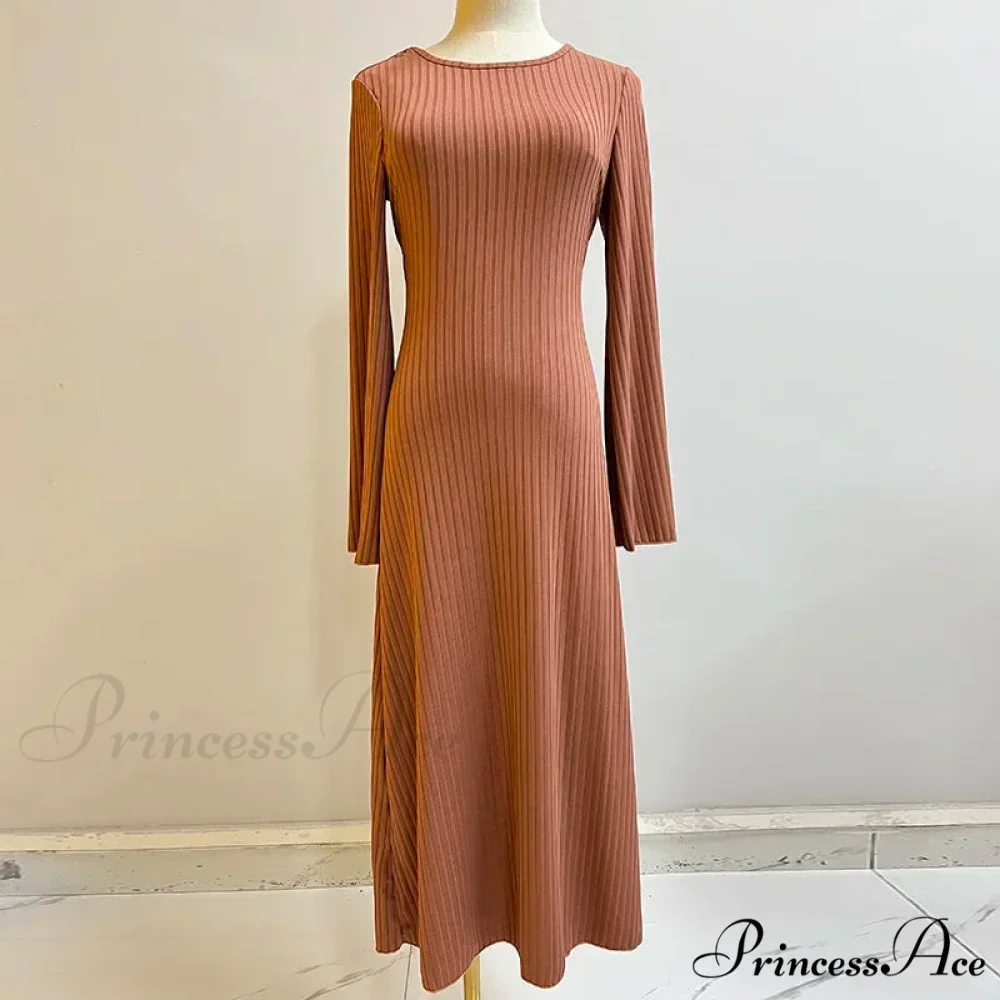 Patchwork Bandaged Round-necked Slim-fitted Long-sleeved Street-ready Ankle-length Maxi Dress - Image 10