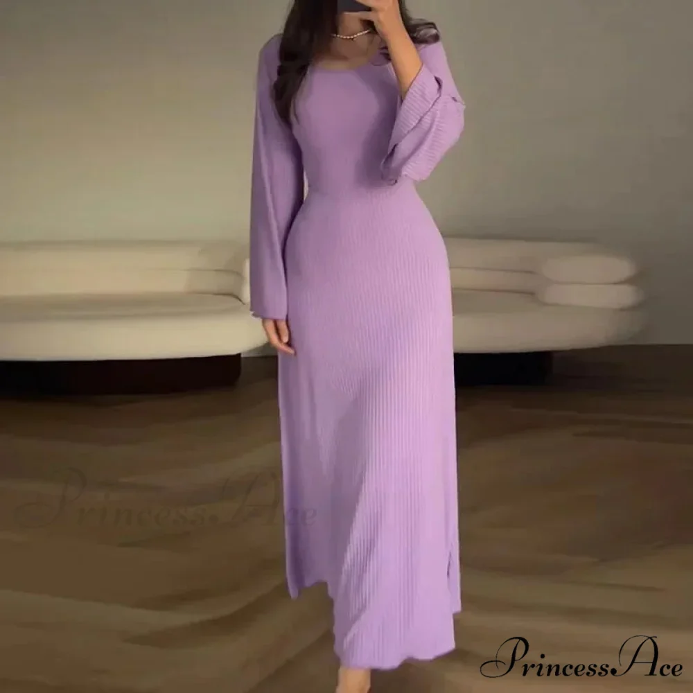 Patchwork Bandaged Round-necked Slim-fitted Long-sleeved Street-ready Ankle-length Maxi Dress - Image 11