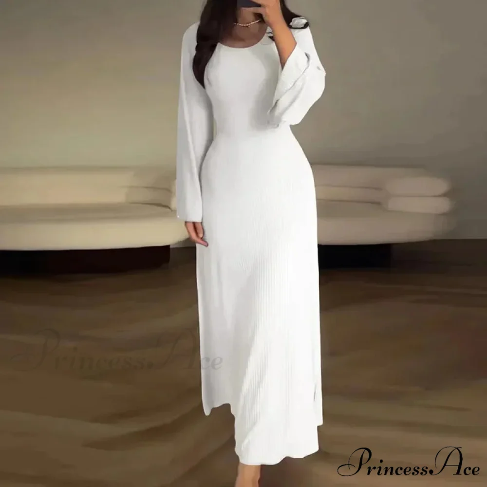 Patchwork Bandaged Round-necked Slim-fitted Long-sleeved Street-ready Ankle-length Maxi Dress - Image 12