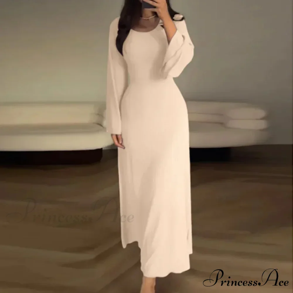 Patchwork Bandaged Round-necked Slim-fitted Long-sleeved Street-ready Ankle-length Maxi Dress - Image 13