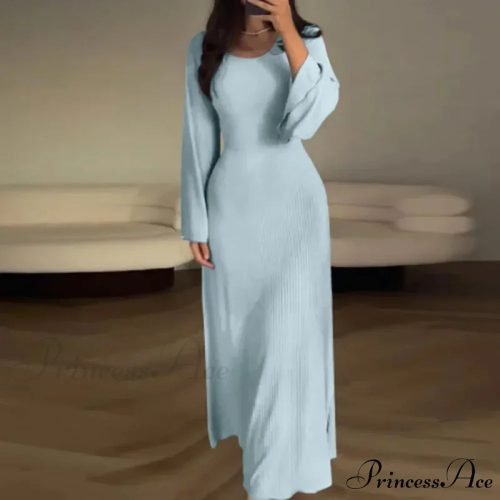 Patchwork Bandaged Round-necked Slim-fitted Long-sleeved Street-ready Ankle-length Maxi Dress - Image 14