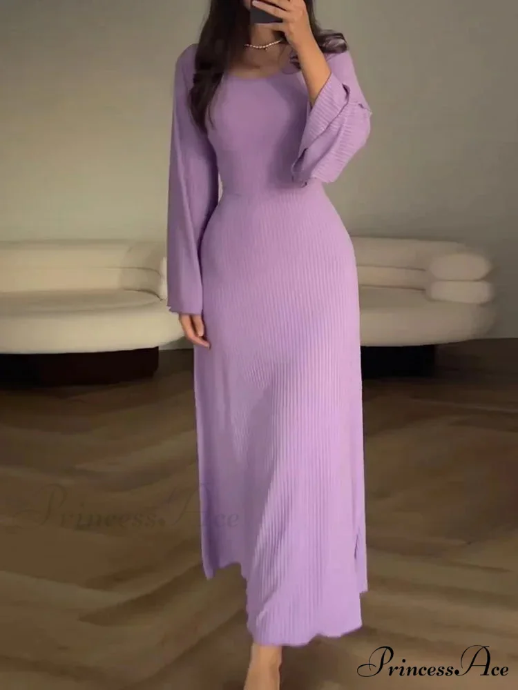 Patchwork Bandaged Round-necked Slim-fitted Long-sleeved Street-ready Ankle-length Maxi Dress - Image 2